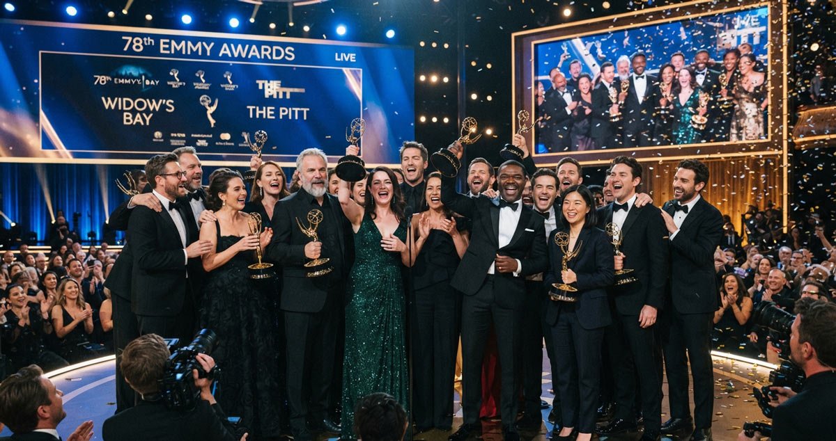 Matthew Rhys holding his Emmy alongside the casts of Widow’s Bay and The Pitt at the 2026 Emmy Awards