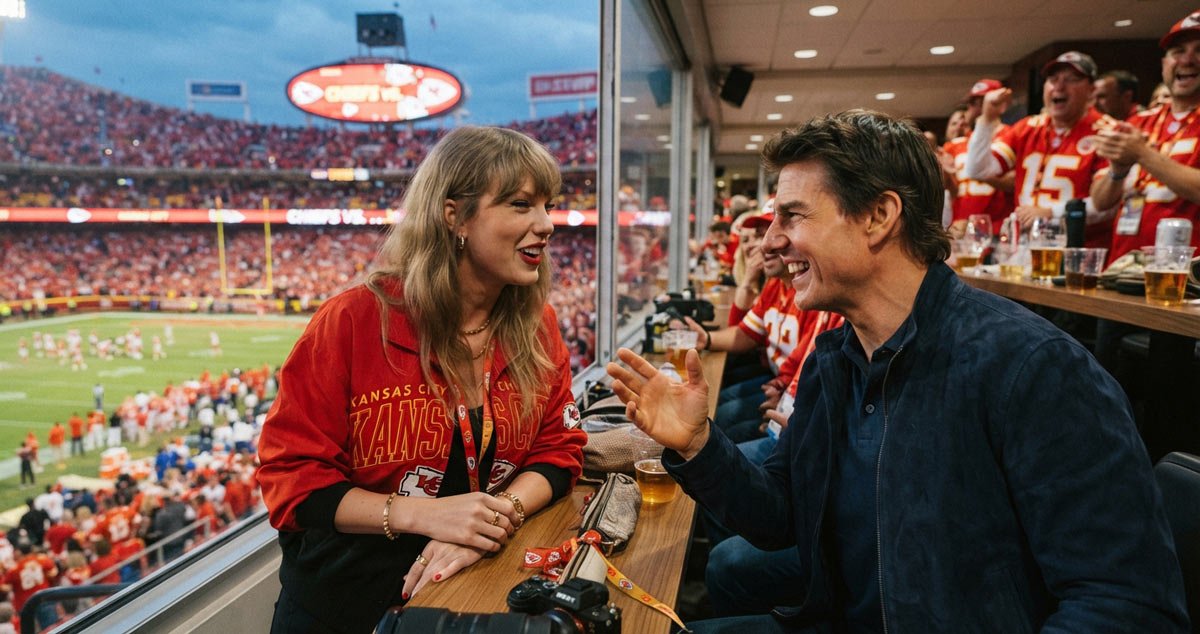 Taylor Swift and Tom Cruise watching Travis Kelce and the Kansas City Chiefs at Arrowhead Stadium